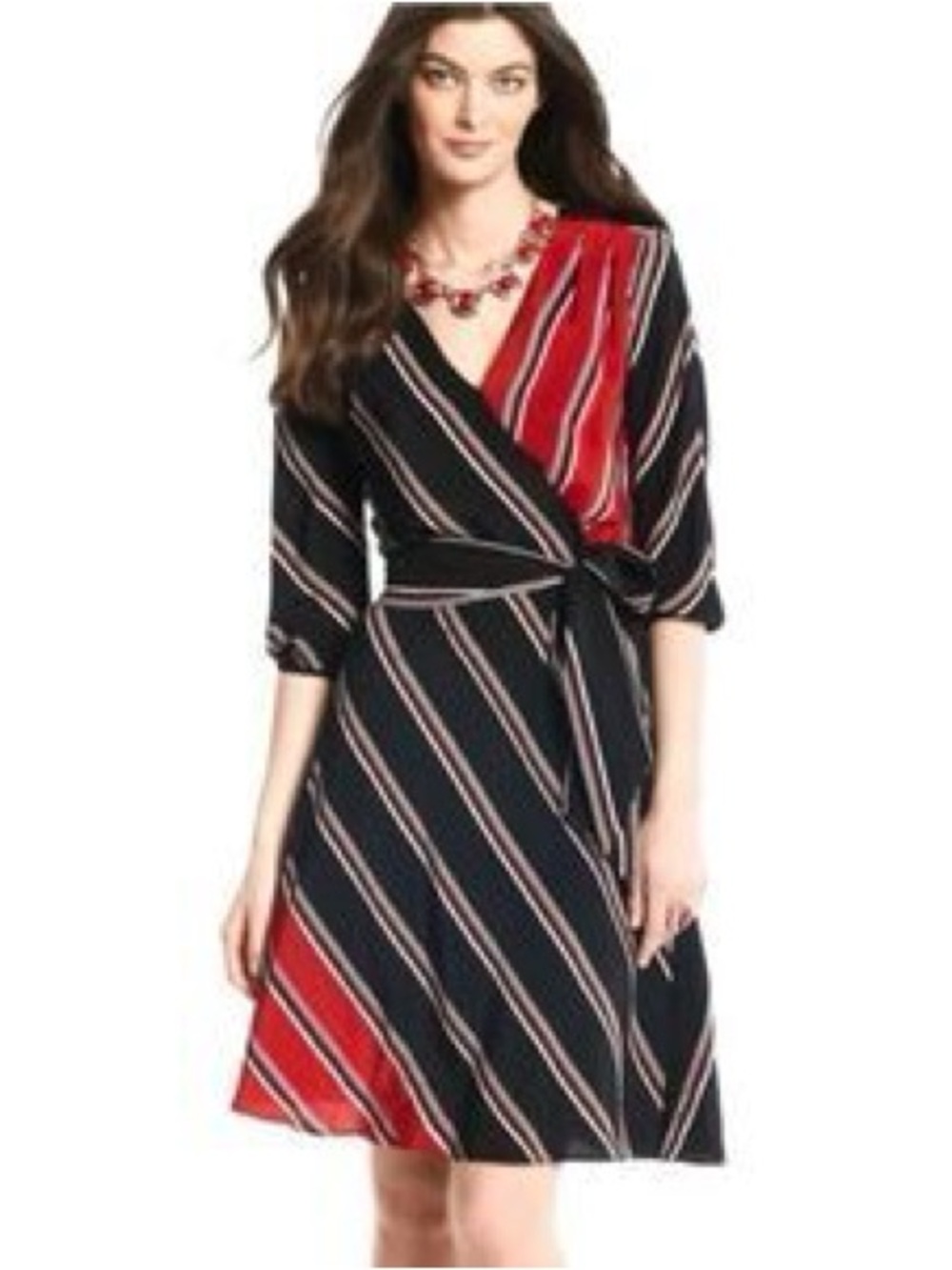 White House Black Market faux Wrap Black and Red Striped mid Dress 100% Silk 4